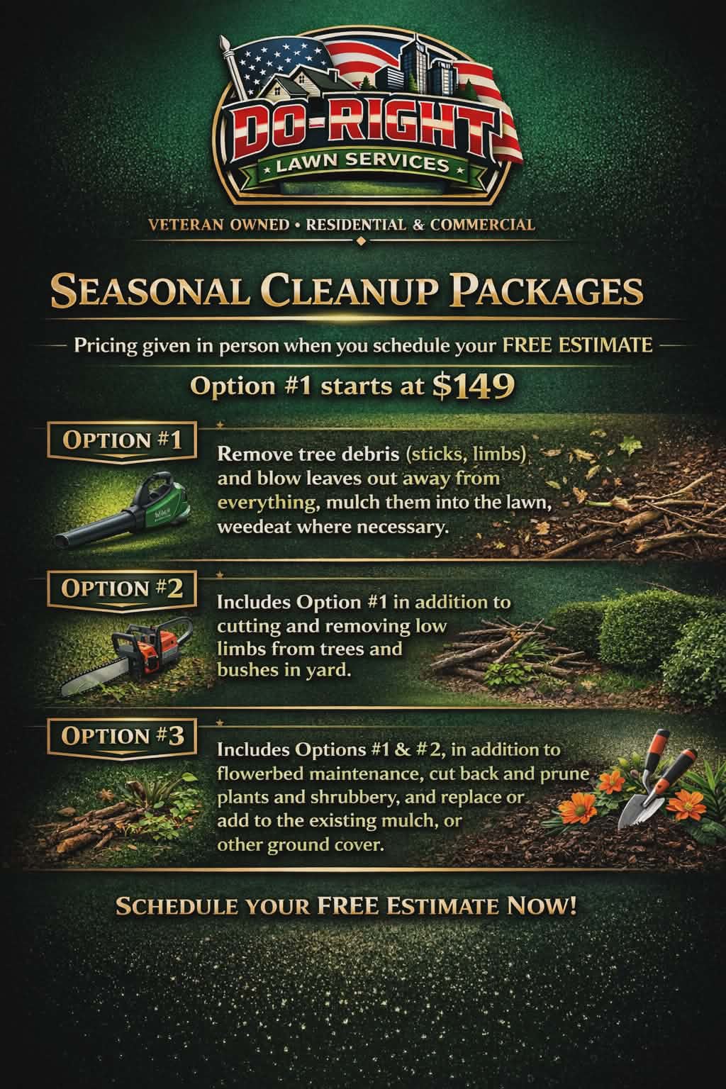Seasonal Lawn Cleanup Packages for NE Arkansas — 3 tiers starting at $149